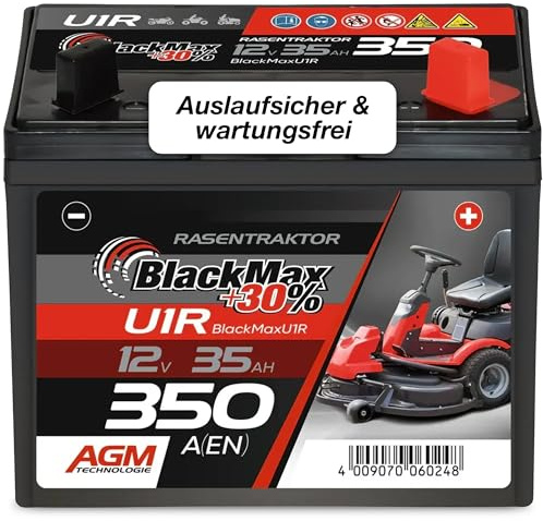 BlackMax Rasentraktor Batterie 12V 35Ah 350A (Pluspol rechts) - U1R-9 +30% AGM Starterbatterie (12 Volt) für Aufsitzmäher und Rasenmäher-Traktoren - wartungsfrei & wiederaufladbar statt 30Ah 32Ah
