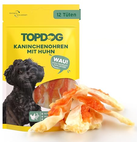 Topdog Kaninchenohren für Hunde 12 x 70g - Ohne Fell - Getrocknete Hasenohren mit Hühnchenfilet - 100% natürlich ohne Zusatzstoffe und fettarm - Idealer Kausnack mit intensivem Geschmack