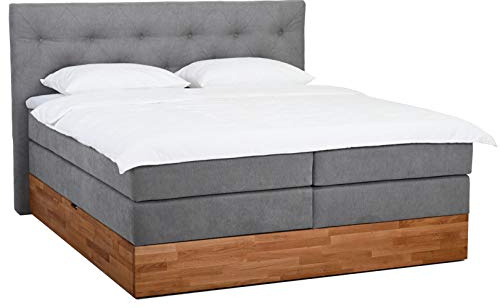 Belanoti MARBO Boxspringbett 180x200 mit Bettkasten 7-Zonen Taschenfederkern Matratze inklusive Visco Topper Bett 180x200 Eiche in der Farbe Hellgrau H2/H3 Polsterbett mit Massivholz Eiche