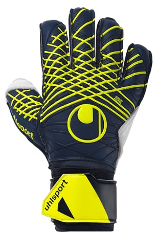 uhlsport Fußball Torwarthandschuhe Prediction Soft Flex Frame - Torwarthandschuhe für Kinder und Erwachsene mit Fingerschutz, Marine/weiß/Fluo gelb, 4