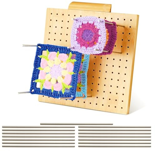 7.9 Inch Granny Square Spanner Blocking Board, 15 Edelstahlstäbe, Handcrafted Wooden Häkeln, Faltbar Bambus Spannbrett für Granny Squares Spannen, Praktisches Häkeln Zubehör für Häkel- & Strickteile