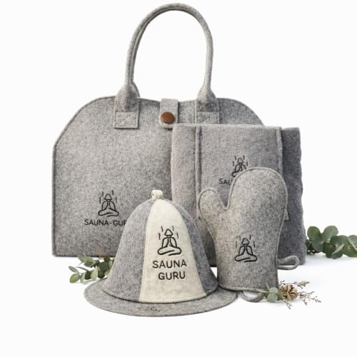 Sauna-Zubehör-Set – Woll-Banja-Hut, Kilt-Handtuch, Aufbewahrungstasche, Filzhandschuh & Sitzkissen – Für finnische, russische, Dampf-, Trocken- & Außensaunen – Wellness-Geschenkset – Für Männer