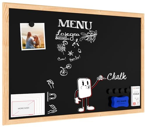 ALLboards Kreidetafel Magnetisch mit Naturholzrahmen 60x40cm, Magnettafel Schwarz, Kreide
