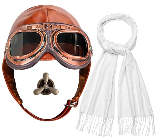 Horolam 4 Stück Flugzeugkappe Und Brille Im Set, Flieger Verkleidung Accessoires Mit Schutzbrille Weißer Schal Und Brosche Für Herren Damen Für Karneval Pilot Cosplay Kostümparty (Braun)
