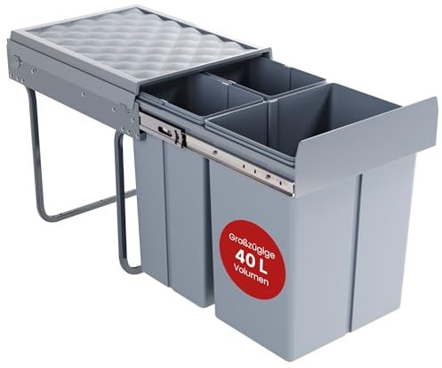 [en.casa] Einbaumülleimer Froland Mülleimer 3 Fächer Mülltrennsystem ausziehbar Abfalleimer Küche 2x10L+1x20L herausnehmbare Behälter 48 x 34 x 42 cm Küchenmülleimer Grau