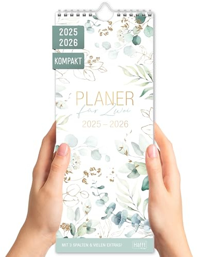 Häfft® Planer für Zwei 2025/2026 kompakt Blattgold Paarplaner mit 3 Spalten, Paarkalender, Wandplaner, Wandkalender für 18 Monate: Juli 25 bis Dez 26 - nachhaltig & klimafreundlich