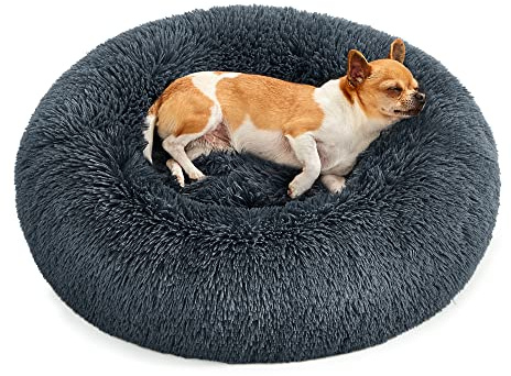 Feandrea Hundebett flauschig, Katzenbett, Donut Kissen, waschbar, Polsterung in der Mitte herausnehmbar, Langer Plüsch, 60 cm Durchmesser, dunkelgrau PGW038G02