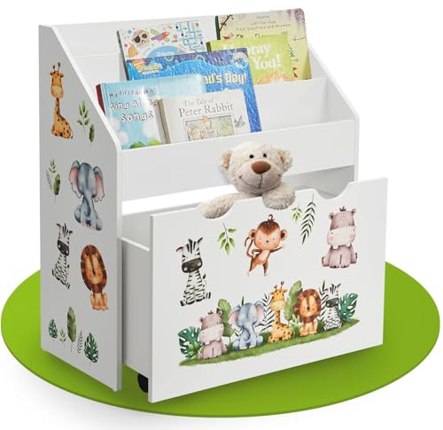 Juskys Kinder Bücherregal mit 3 Fächern & Spielzeugkiste - Holz Regal 63x30x70 cm BTH - Aufbewahrung von Büchern & Spielzeug im Kinderzimmer - Weiß
