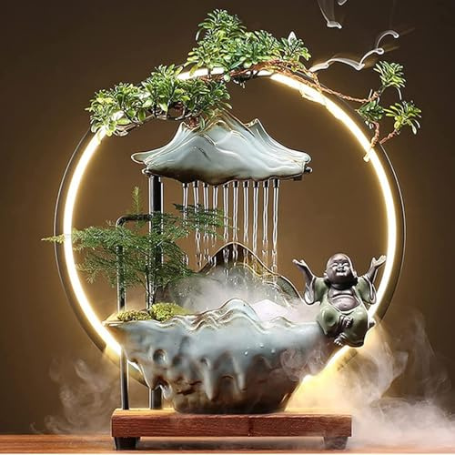 VLFLG Buddha Deko Wasserbrunnen Wasserfall LED Innen Deko Springbrunnen für Meditation mit Japanische Dekoration mit gefälschten Pflanzen Feng Shui Dekoration für Glück Reichtum (Stil 2)