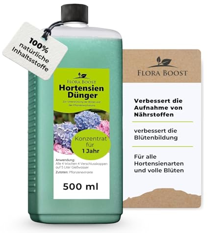 Flora Boost Hortensien Dünger Flora Boost 500ml I Für bis zu 100L Gießwasser I Blumendünger für alle Hortensien Arten I Flüssiger Blatt- & Wurzeldünger I 100% natürlicher Pflanzendünger