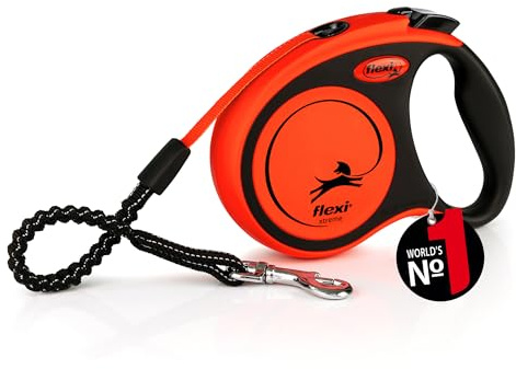 flexi® Xtreme S | 5m Gurt Roll-Leine für Hunde bis 20 kg | schwarz/orange | ausziehbare Hundeleine | Gewicht 244.5 gr | Maße 11.2 x 15.4 cm
