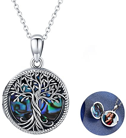 Odinstone Foto Medaillon Kette 925 Sterling Silber Medallion zum öffnen mit Bild Anhänger Halskette Baum des Lebens Amulett Familie Schmuck für Damen Mädchen Mutter