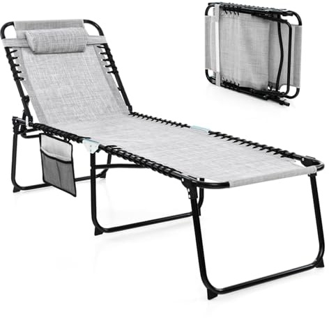 COSTWAY Sonnenliege mit Kopfstütze und Seitentasche, klappbare Gartenliege | Hohe Sitzhöhe, verstellbare Rückenlehne, Strandliege bis 150 kg belastbar, Liegestuhl für Garten, Balkon, Terrasse, Grau