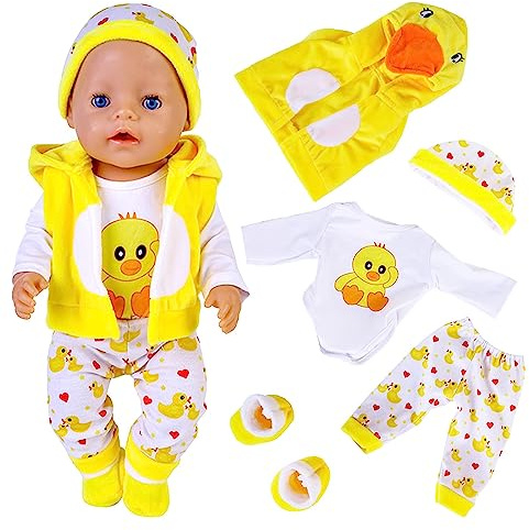 5 Stück Puppenkleidung für 14-18 Zoll Puppen, BabyPuppen Kleidung Outfits Kompatibel mit 35-43 cm New Born Baby Puppen, Puppenzubehör mit Mütze Socken Langarmhose Niedliche Gelbe Enten aus Baumwolle