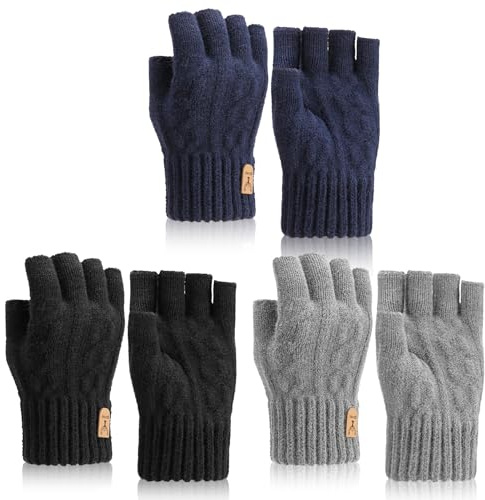 Utensilsto 3 Paar Fingerlose Handschuhe Herren Damen Winterhandschuhe Thermo Halbfinger Strickhandschuhe Fingerless Gloves für Laufen, Radfahren, Fahren (Schwarz,Marineblau,Gary)