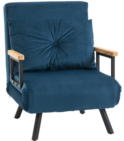 HOMCOM Schlafsessel 4 in 1 Sessel mit Schlaffunktion 183 x 63 cm Blau | Klappbar, 5-stufig Verstellbare Rückenlehne, Lendenkissen, Samtoptik, für Wohnzimmer