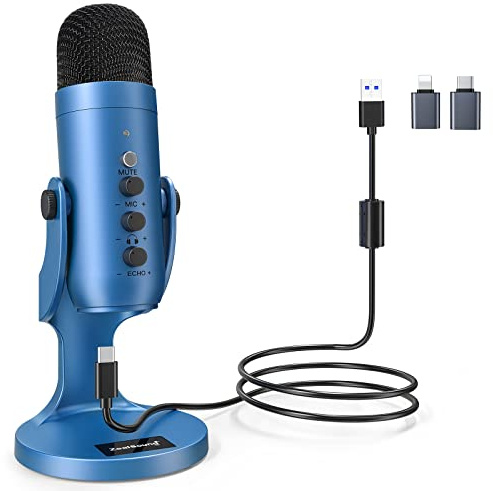 zealsound USB Mikrofon, Podcast Mikrofon für PC, iPhone & Handy, k66 Blau | Kondensator Mikrofon mit Rauschunterdrückung, Mute, Echo & Monitoring, Plug & Play für Mac, PS4/5, Gaming, Streaming & ASMR