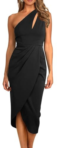 XFSRG Kleid Damen One Shoulder Ärmellos Ausschneiden Geraffte Sexy Long Bodycon Cocktail Schulterfrei Enger Sommerkleid Partykleid mit Schlitz Freizeitkleid Pencilkleid Wickelkleid (Schwarz L)