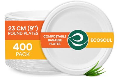 ECO SOUL Einweg-Bagasse-Teller(23cm) 9 rund(400 Stück)(weiß) | Aus Bagasse hergestellt, 100% kompostierbar & plastikfrei, Mikrowellen & gefriergeeignet, Auslaufsicher und extra stabil