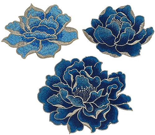 BENECREAT 3 Stück 3 Stile Pfingstrosen-Blumenflicken Zum Aufnähen, Gestickter Stoff Mit Blumenapplikationen Für DIY-Kleidung, Jacken, Jeans, Rucksäcke, Hüte, Kunsthandwerk Nähen