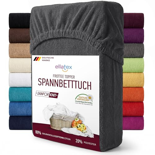 EllaTex Frottee Topper Spannbettlaken 140x200–160x200 – 200 g/m², saugfähig & weich, für Topper bis 12 cm Höhe, Farbe: Anthrazit-Grau
