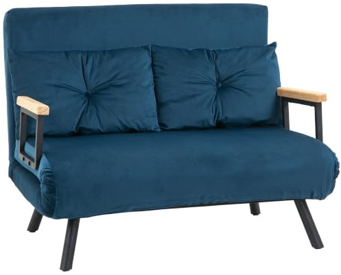 HOMCOM Schlafsofa 4 in 1 mit Schlaffunktion Samtoptik 183x98,5cm Blau | 2 Sitzer, Klappbar Couch Schlafcouch, 5-stufig Verstellbare Rückenlehne, Lendenkissen für Wohnzimmer
