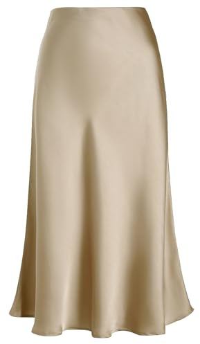Eisnnu Damen Satin Rock Midi-Länge Rock A Linie Röcke Einfarbig Fishtail Seidiger Midirock Business Party Skirt S-XXXL (DE/NL/SE/PL, Alphanumerisch, M, Regular, Regular, Khaki)