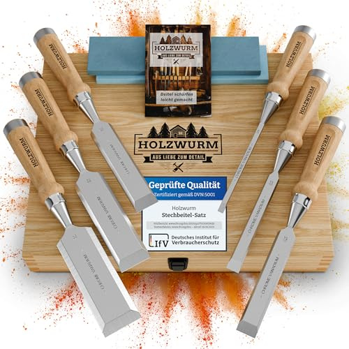 HOLZWURM Profi Stechbeitel-Satz für Holz, Stemmeisen-Set mit Schleifstein, 6 Meißel, Anleitung zum Schärfen und Holz-Koffer