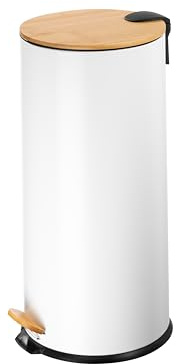 ECHTWERK Tretabfalleimer Skandi Look, Abfalleimer, Mülleimer, robuster Eisenkorpus mit Bambusdeckel, Soft Close Funktion, Weiß, Fassungsvermögen 30 Liter