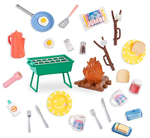 Glitter Girls Camping-Set mit Lagerfeuer und tragbarem Grill | 32-teiliges Camping-Zubehör für 36-cm-Puppen mit Lagerfeuer, tragbarem Grill, Spielessen und Geschirr, 3+ Jahre