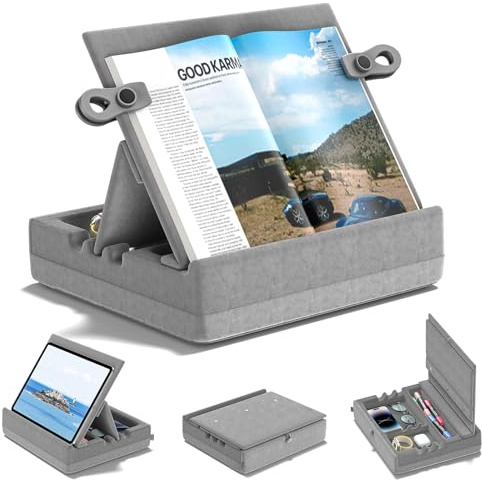 KDD Buchständer Bett Kissen mit Aufbewahrung, Faltbare Buchhalter Leseständer & Buchkissen für Schoß Bett Küche Tisch Kinder, Tablet Kissen Halter für Buch Tablet Handy E-Reader Buch Zubehör, Grau