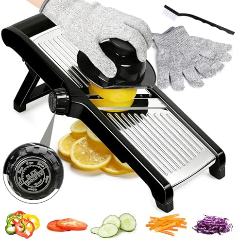 Gemüsehobel Mandoline, Masthome Verstellbar Edelstahl Gemüsehobel, 5-in-1 Gurkenhobel Dünne Scheiben, Multifunktion Gemüseschneider mit 1 Anti-Schneid-Handschuhe,1 Reinigungsbürste