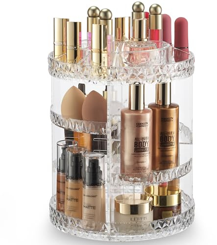 Make-up-Organizer in Diamant-Form, vollständig drehbar, verstellbare Regalhöhe, perfekter runder Kosmetik-Organizer für Schlafzimmer, Kommode oder Schminktisch, transparent