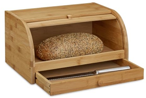 Relaxdays Rollbrotkasten mit Schublade, Bambus, aromadicht, natur | Brotkasten mit Rolldeckel, HxBxT: 21x40,5x28 cm, Holz