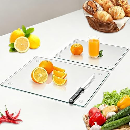 Schneidebrett aus gehärtetem Glas mit Gummifüßen, 2 Stück, 2 Größen, rechteckiges, rutschfestes Glasschneidebrett für Küchenarbeitsplatte, Kochen, Backen, Gemüsezubereitung
