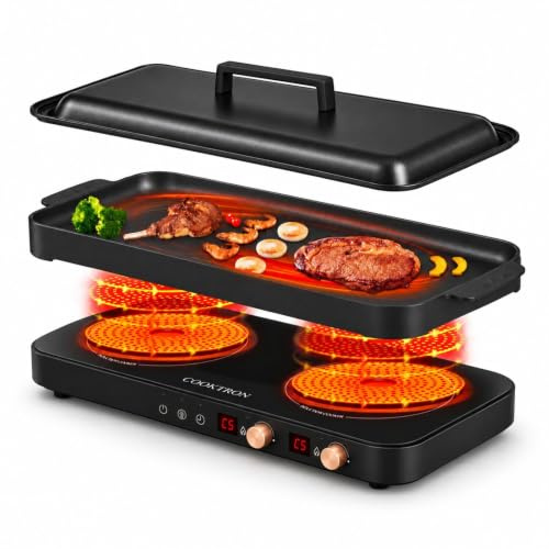 COOKTRON Portable Induktionskochfeld 2 Brenner mit abnehmbarem Eisen Guss Grillpfanne Antihaft, 2800W Doppelinduktionskochfeld mit Kindersicherung Zeit, ideal für Familienfeier