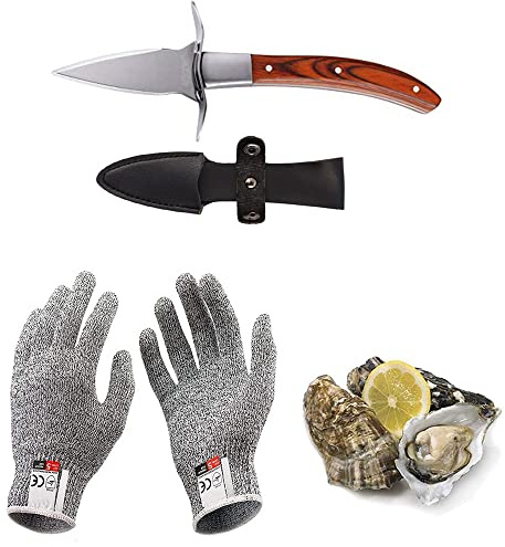 Kaqisen Austernmesser Oyster Knife Set Austernöffner Schnittfeste und Handschuhe für Muscheln Oder Hartkäse Geeignet Holzgriff Edelstahl (Rot, Medio/M)