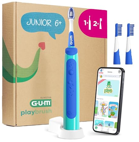 GUM Playbrush JUNIOR 6+ elektrische Zahnbürste | Interaktive Spiel-App | 2 Putzmodi | Extra weiche Borsten | 8 Wochen Akku | Timer | 1x Schallzahnbürste, wiederaufladbar | 2 extra Bürstenköpfe | Blau