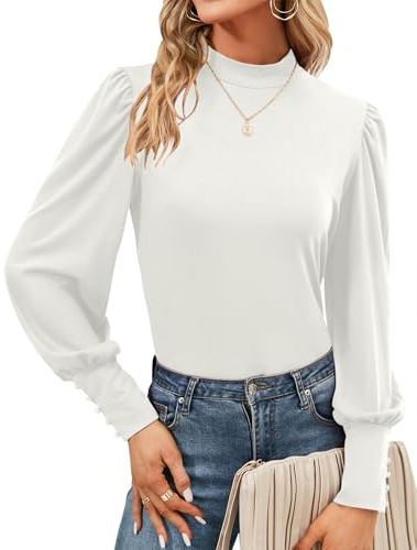 Tisfeer Bluse Damen Langarm Tops Elegant Oberteile Blusen Casual Shirt | Damenblusen Rollkragen Oberteile Basic Puffärmel Shirt Locker Casual Herbst Tunika Outfits für Damen