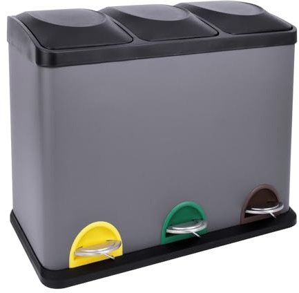 SVITA TC3X15 Treteimer 45 Liter Grau 3X 15L dreifach Abfalleimer 3er-Mülleimer Mülltrennung Küchen-Eimer