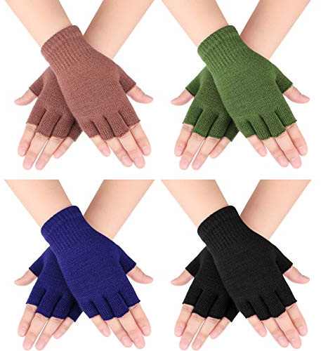 Bememo Fingerlose Handschuhe, Halbfinger-Handschuhe, Winter, einfarbig, gestrickt, für Jungen und Mädchen, 4 Paar