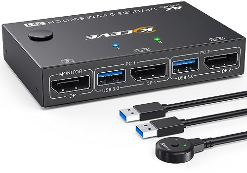 YOUTINGHDAV USB 3.0 KVM Switch Displayport 4K@144Hz | DP KVM Switch 2 PC 1 Monitor 8K@30Hz Teilen 4 USB 3.0 Geräten Tastatur Maus Monitor mit Wired Remote