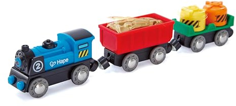 Hape Eisenbahn Güterzug - aus Holz, mit Batterieantrieb, Zubehör für Eisenbahnwelt & Holzschienen, Magnet-Zugset für Holzeisenbahnen, für Kinder ab 3 Jahren