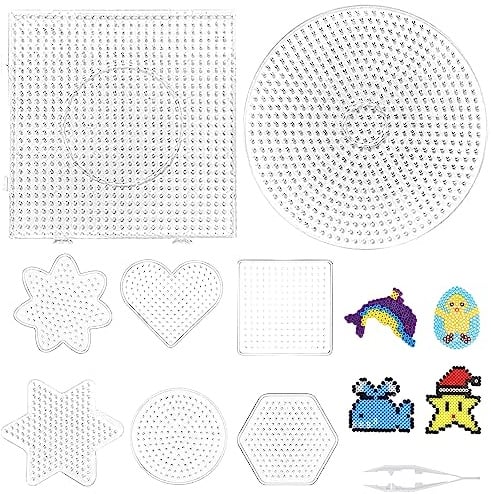 Bügelperlen Platte Set, 8 Stück Stiftplatte Transparent Steckperlen Platte | Bügelperlen Groß Vorlagen, Schablonen Set Bügelperlen Groß Vorlagen, DIY Transparente Form Puzzle mit Pinzette für Kinder (A)