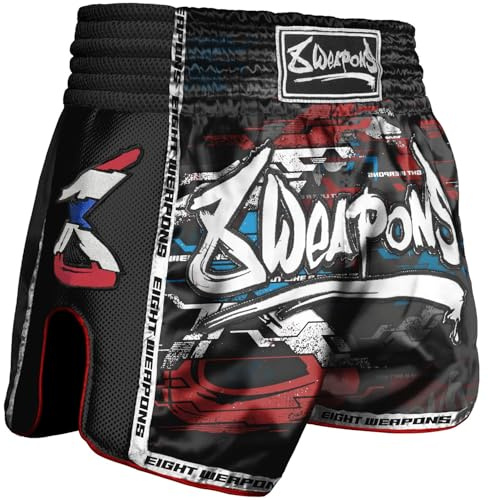 8 WEAPONS Muay Thai Shorts Cut Like a Blade 2.0, Schwarz, Größe XXL, Kickboxhose für Training & Wettkampf, Thaibox Shorts Satin, Atmungsaktiv, Langlebig, Kampfsporthose für MMA, K1, Boxen, Thai Boxen