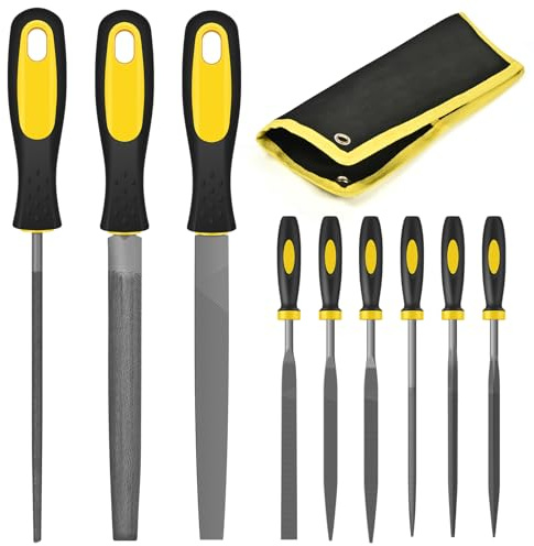 FZENeast Feilen Set, 9tlg Hochwertiges Profi Kohlenstoffstahl Feilen Satz mit Aufbewahrungstasche, Flachfeile/Halbrundfeile/Rundfeile und 6pcs Nadelfeilen für Holz Metall und Holzbearbeitung
