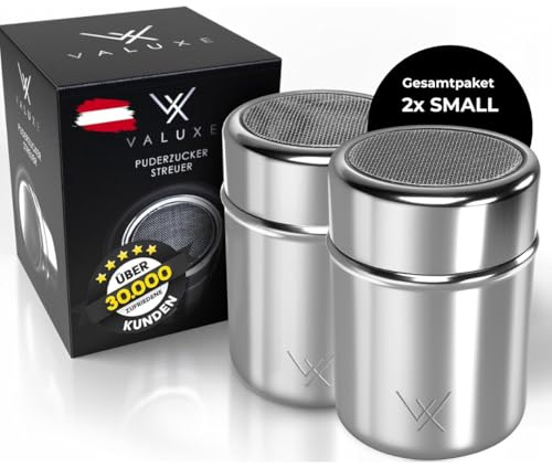 VALUXE® Puderzuckerstreuer 2x SMALL - Edelstahl Kakaostreuer mit feinem Sieb & Deckel - Puderzucker Pulver Streuer für präzises Bestäuben - Zuckerstreuer, Mehlstreuer spülmaschinengeeignet