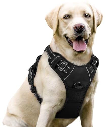 rabbitgoo Hundegeschirr Grosse Hunde, Anti Zug Geschirr mit Kontrolle, No Pull Verstellbar Hundegeschirr Mittelgroße Hunde, Atmungsaktiv Reflexstreifen Brustgeschirr Sichere Führung, Schwarz, L