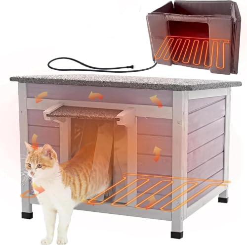 Aivituvin Beheizbares Katzenhaus Outdoor für Draußen aus Holz, Winterfeste Isolierte Katzenhütte mit Heizmatte, Grau