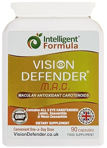 Vision Defender MAC Augenvitamine – Dreifach-Carotinoide: Lutein 10mg, Zeaxanthin 2mg & Meso-Zeaxanthin 10mg – Unterstützung für Sehkraft & Augengesundheit – 90 Kapseln – Hergestellt in Großbritannien